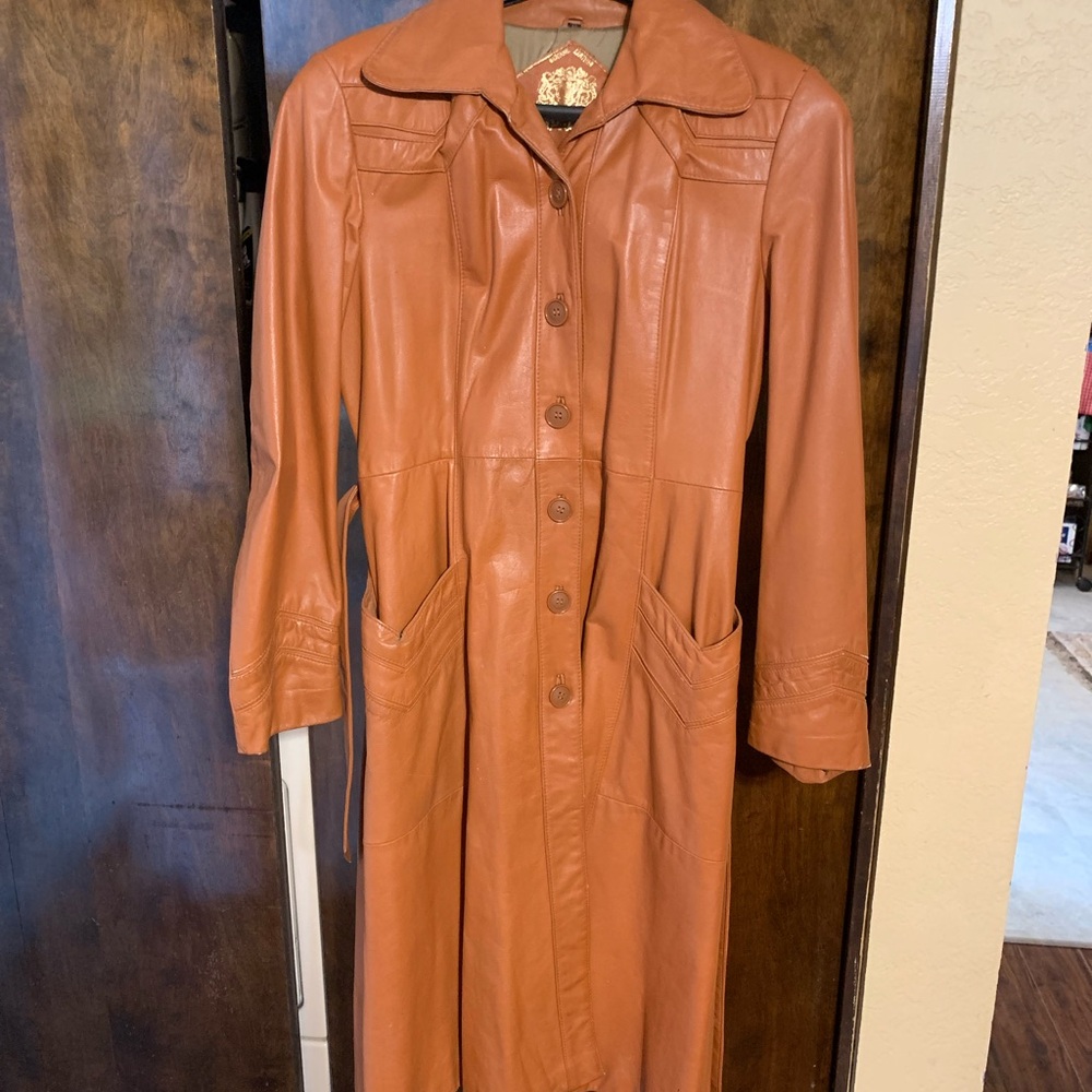 Vintage Full Length Brown Leather Coat